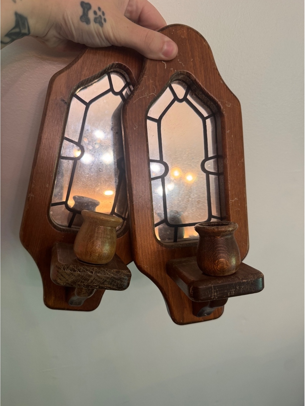 Set of 2 Vintage Wooden Wall Sconces with Mirror and Candle Holder
